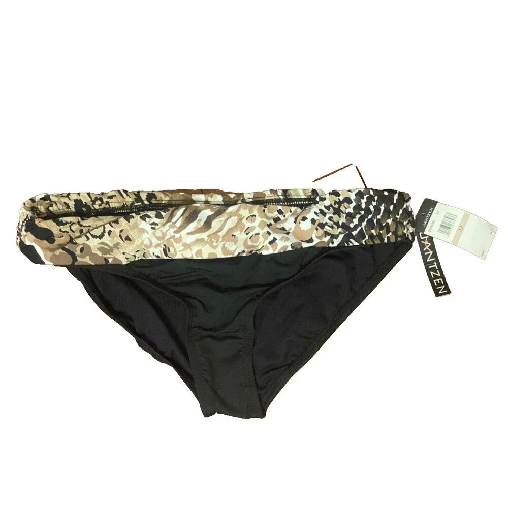 NWT JANTZEN Bikini Bottoms Women's Size 12 Black Leopard Animal Print Swim Suit